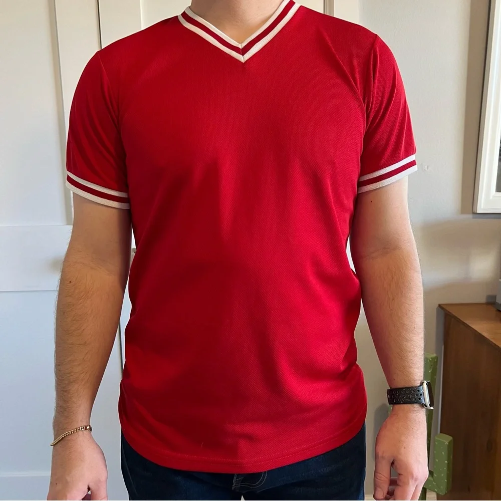Teamwork Vintage Athletic Red/White Uniform Top V-Neck Size Small